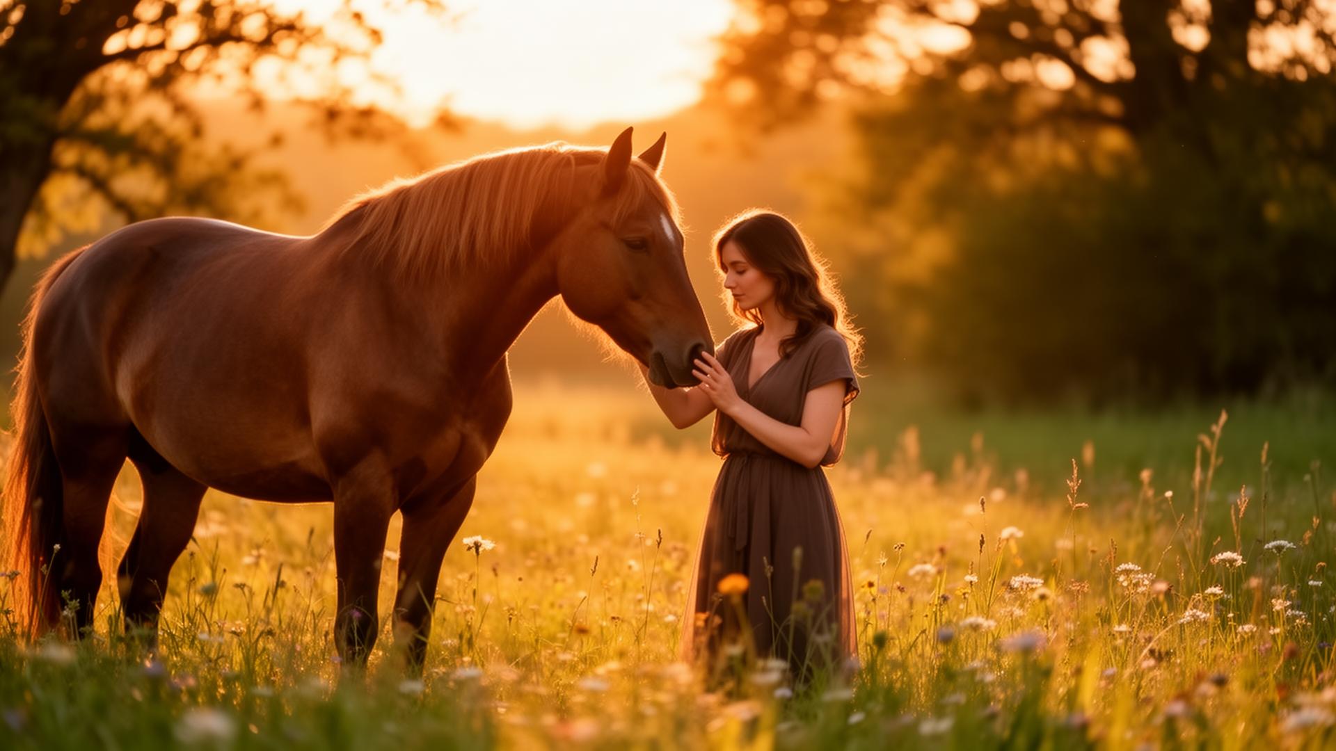 Mélusine et sa jument dans la lumière dorée
